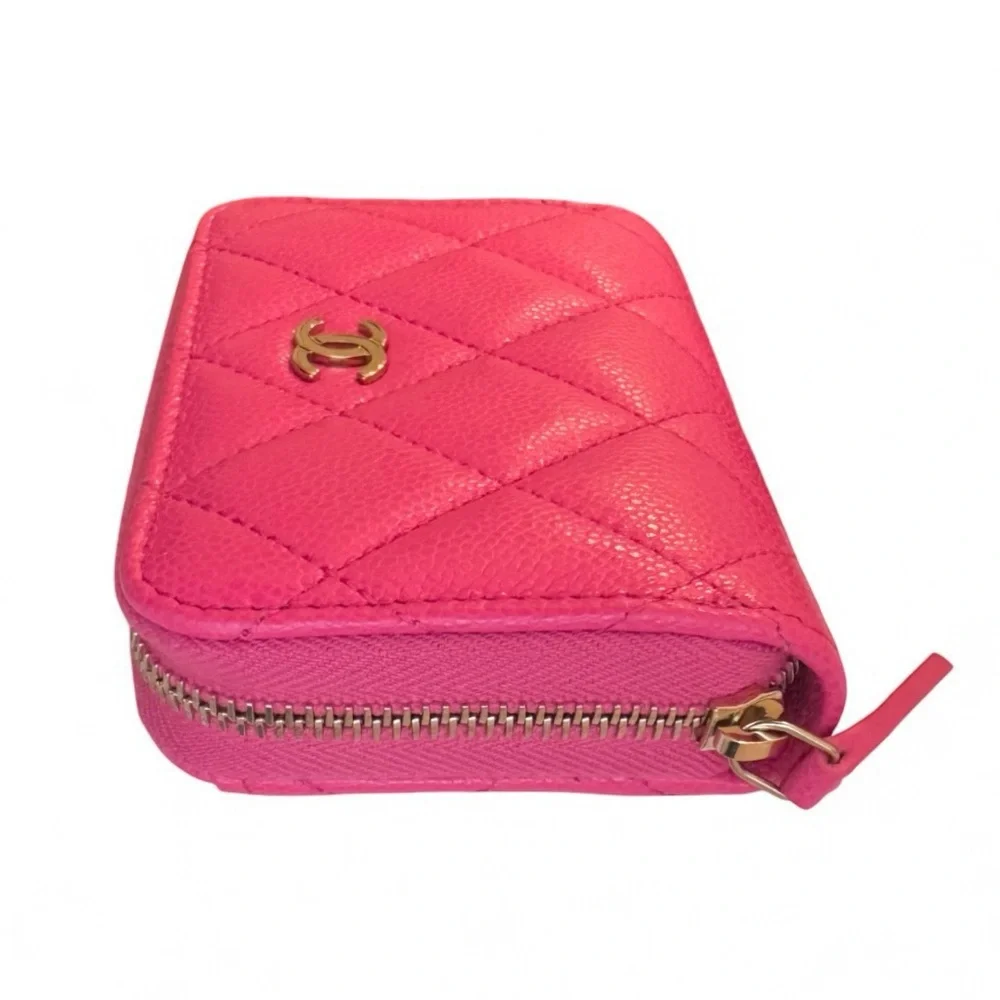 💗CHANEL Zip Coin Purse Wallet Quilted Hot Pink CAVIAR CC Logo Gold-Tone Hardware